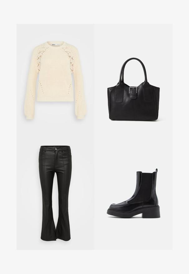 Cream-colored knit sweater featuring a round neckline, long puff sleeves, and lace pattern detailing on the shoulders. Textured fabric.; Black flared pants with a shiny, leather-like texture, featuring front pockets, a button closure, and side slits at the hem.; Black chelsea boots with a chunky heel, featuring a glossy leather upper and elastic side panels for easy wear. Solid rubber sole.; Black leather tote bag with smooth texture, structured shape, two handles, and a prominent silver buckle detail on the front.