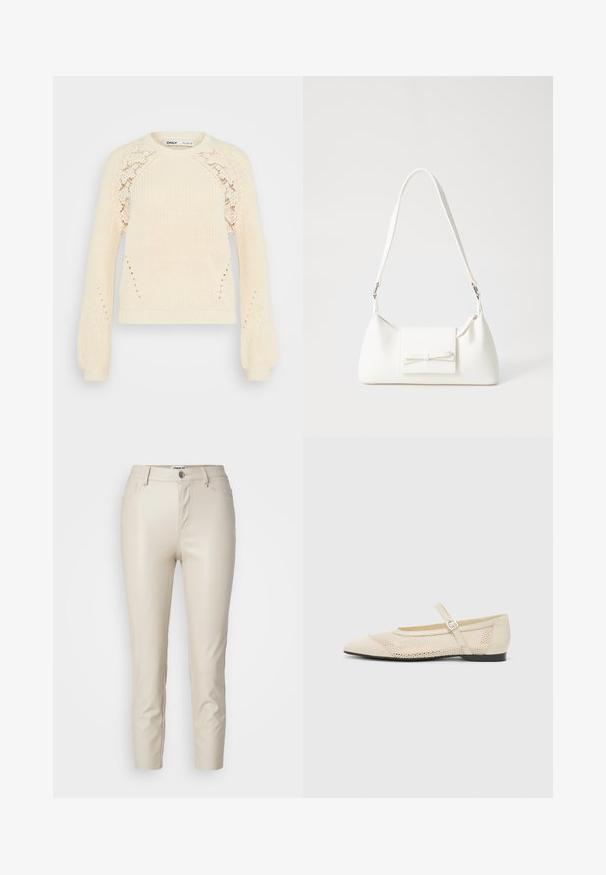 Cream-colored knit sweater featuring a round neckline, long puff sleeves, and lace pattern detailing on the shoulders. Textured fabric.; Beige faux leather pants with a slim fit, front pockets, and a button closure, featuring smooth texture and tapered legs.; Beige ballet flats with a pointed toe, a mesh design overlay, and a side buckle strap. Flat sole with a smooth texture.; White synthetic handbag with a triangular shape, flat front flap and bow detail, adjustable strap, smooth texture, and minimalistic design.