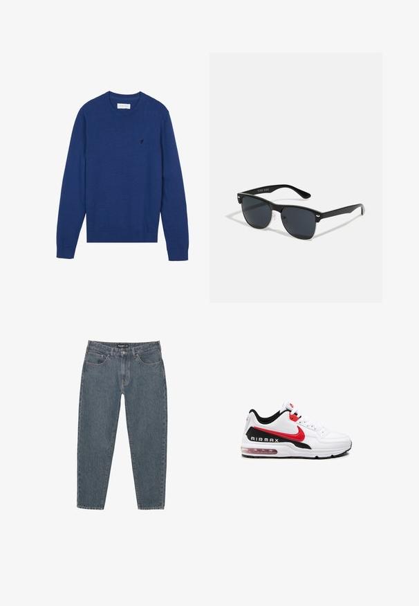 Maglione lavorato a maglia blu navy con scollo rotondo, maniche lunghe e polsini a coste. Presenta un piccolo logo ricamato sul petto.; Jeans in denim blu scuro con vestibilità comoda, design a cinque tasche, chiusura con bottone e orlo leggermente sfilacciato. Materiale resistente con una texture sottile.; Scarpa sportiva bianca con accenti neri e rossi, caratterizzata da una tomaia in pelle liscia, chiusura con lacci e ammortizzazione d'aria visibile nella suola.; Occhiali da sole neri con forma rettangolare, lenti scure, dettagli in argento alle tempie e finitura opaca sulla montatura.