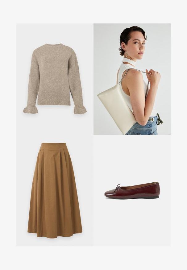Beige strikket genser med round neck, ribbet tekstur, lange ermer og utvidede mansjetter. Enkelt design uten pynt.; Brun bomull A-linje skjørt med høy midje, med folder foran og en jevn tekstur. Kantene er rene og enkle.; Burgunderrød lakk lær ballettleilighet med rund tå, liten sløyfe foran og en lav, svart gummisåle. Glatt tekstur.; Hvit rektangulær clutch-veske laget av blankt materiale, med en sølvkjede-stropp. Modellen poserer og viser vesken mot en ensfarget bakgrunn.