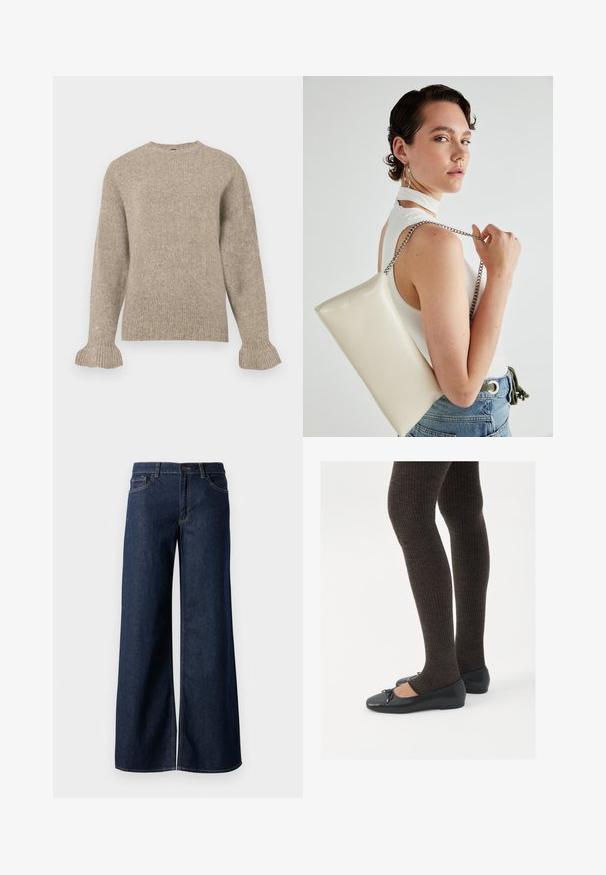 Pulover tricotat bej cu guler rotund, textură structurată, mâneci lungi și manșete evazate. Design simplu, fără ornamente.; Jeanși cu picioare largi din denim albastru închis. Prezintă cusături contrastante, cinci buzunare și o închidere cu nasture la talie. Textură netedă.; Pantofi negri cu un detaliu mic de fundiță la vârf, asortați cu colanți maro închis, cu textură ondulată. Pantofii au o textură netedă și un profil joase.; Geantă de clutch rectangulară albă, realizată dintr-un material lucios, având o curea de lanț argintie. Modelul pozează, evidențiind geanta pe un fundal simplu.