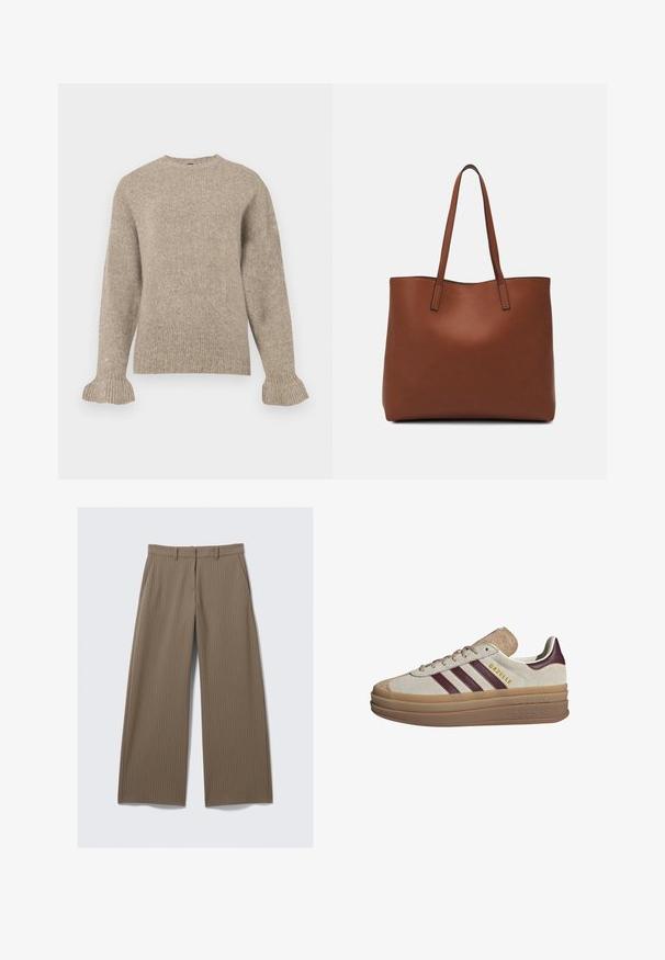 Beidzēts džemperis ar apaļu izgriezumu, ribota tekstūra, garām piedurknēm un izplestām aprocēm. Vienkāršs dizains bez rotājumiem.; Brūni svītraini platšuves bikses ar gludu tekstūru un klasisku dizainu, ar jostu un priekšējiem krokām, nodrošinot pielāgotu piegriezumu.; Beige zamšādas sporta apavi ar bordo svītrām, baltām akcentēm, masīvu caurspīdīgu zoli un paceltu zīmolu sānos. Šņorēšanas dizains.; Brūna ādas iepirkumu soma ar gludu tekstūru, atvērta augšdaļa un divas plecu siksnas. Izceļas ar minimālām šuvēm un redzamu aparatūru nav.