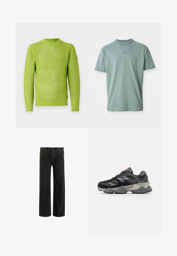 Pletený sveter v jasne limetkovej farbe; má voľnú štruktúru, okrúhly výstrih a rebrované manžety a spodok. Po celom svetrí je textúrovaný vzor.; Zelené bavlnené tričko s krátkymi rukávmi, rebrovaným okrúhlym výstrihom a vyšitým logom Nike na hrudníku. Hladká textúra a voľný strih.; Čierne džínsy s širokými nohavicami a vysokým pásom, so classic piatimi vreckami a jemným vyblednutím pre textúrovaný vzhľad.; Čierne a šedé tenisky s kombináciou semišu a sieťoviny, hrubou podrážkou, výrazným logom a červeným akcentom na jazyku.