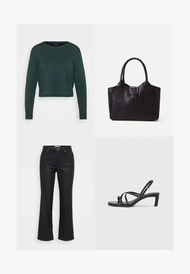 Sötétzöld, rövidített pulóver kerek nyakkal és hosszú ujjal, kötött textúrával, bordás szegéllyel és mandzsettával.; Fekete, buggyos farmernadrág, amely gombos elülső záródással, öt zsebbel és sima, kissé fényes textúrával rendelkezik.; Fekete pántos szandál négyzetes orral és alacsony blokk sarkal. Több vékony pánttal és állítható boka pánttal rendelkezik. Sima bőrből készült.; Fekete bőr bevásárlótáska sima textúrával, strukturált formával, két fogantyúval és egy figyelemfelkeltő ezüst csattal az elején.