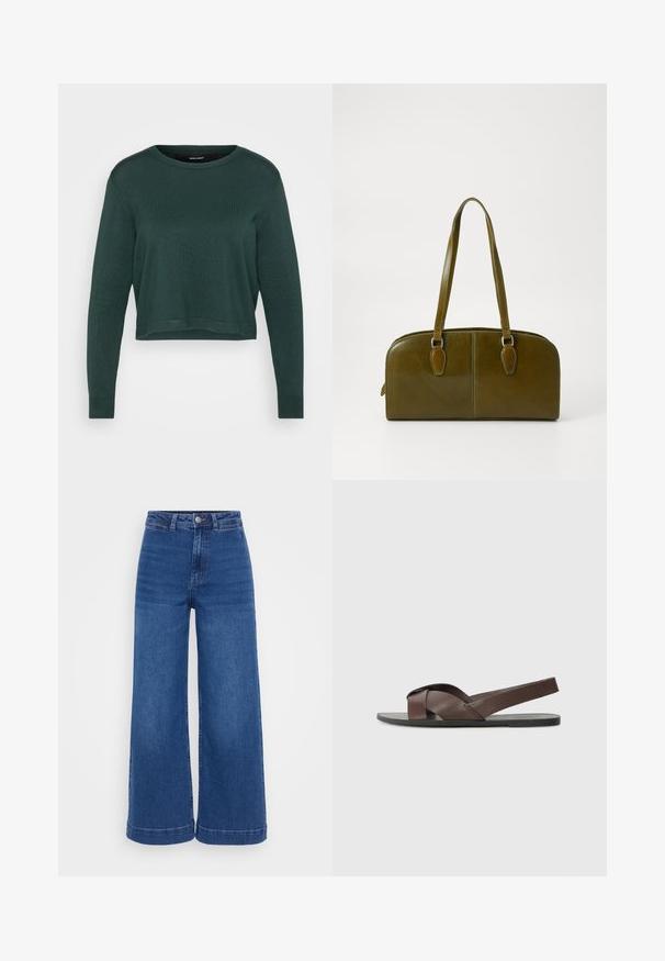 Sweater curto verde escuro com decote redondo e mangas longas, apresentando uma textura de malha e bainha e punhos canelados.; Jeans de perna larga de cintura alta em denim azul médio, com fecho de botão, passantes para cinto e bainha limpa sem desgastes.; Sandal de couro castanho com um design de tiras cruzadas, sola plana preta e tiras traseiras ajustáveis. Textura suave e detalhes de hardware mínimos.; Mala de mão de couro verde-oliva com uma forma arredondada, alças duplas e frente sem costuras. Apresenta uma textura suave e detalhes de costura discretos.