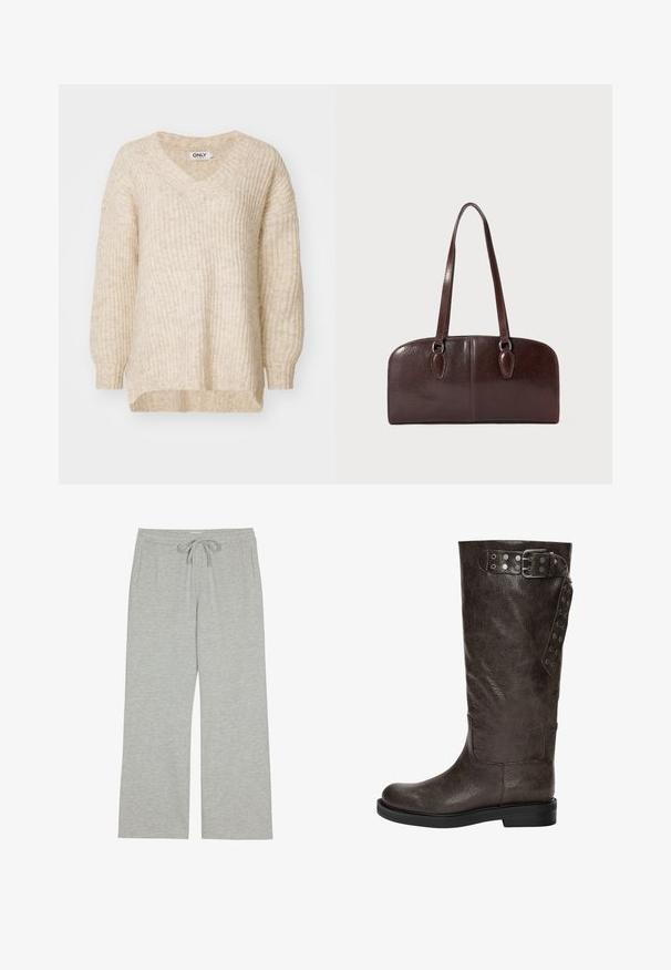 Beżowy sweter z dzianiny z dekoltem w kształcie V, luźnymi rękawami i prążkowaną teksturą. Projekt cechuje się prostym wykończeniem i luźnym krojem.; Kremowa bluzka z dekoltem w serek, długimi bufiastymi rękawami i warstwowymi falbanami na dole, z wiązaniem z tyłu na środku.; Jasnoszare dresy wykonane z miękkiego, strukturalnego materiału, z elastycznym paskiem na sznurek i bocznymi kieszeniami; szeroki, luźny krój.; Brązowy skórzany botek do kolan o teksturowanym wykończeniu, z klamrą i zapięciem na napy po boku oraz płaską gumową podeszwą.; Brązowa skórzana torebka z dwoma długimi uchwytami, o strukturalnym prostokątnym kształcie, gładkiej fakturze i zaokrąglonych krawędziach. Posiada akcentowane detale przy uchwytach.