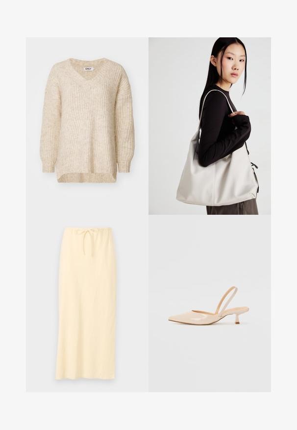 Suéter bege tricotado com decote em V, mangas soltas e textura canelada. O design apresenta uma bainha reta e um caimento descontraído.; Saia longa de um amarelo claro, feita de um tecido respirável e com um cós elástico que apresenta um cordão para ajuste. Textura suave, sem padrões.; Saltos slingback em couro sintético bege com bico apontado e um salto quadrado fino. Textura suave e design minimalista sem embellishments.; Uma bolsa bege feita de material macio, com um design descontraído, detalhes de costura e duas alças para o ombro. Adequada para uso diário.