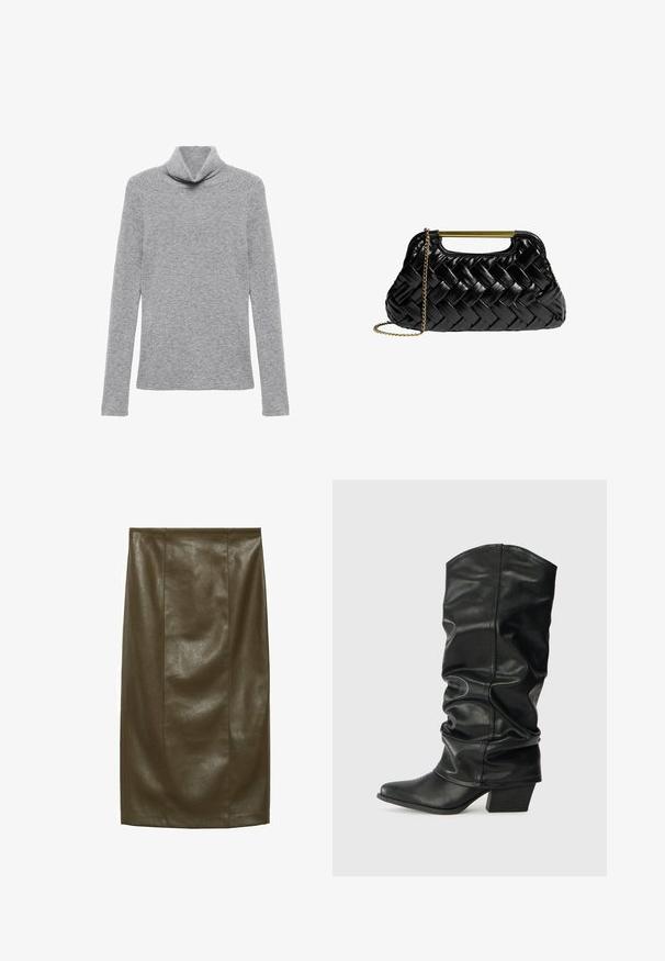 Pulover gri cu gât înalt, realizat dintr-un material tricotat în crestături. Prezintă un guler pliant și mâneci lungi, având o siluetă ajustată.; Fustă creion din piele ecologică verde măslin, cu o textură netedă, până la genunchi, având cusături verticale pentru un aspect ajustat.; Cizme lungi din piele neagră, cu un design căzut, vârf ascuțit și toc gros, având o textură netedă și cusături minime.; Geantă din piele țesută neagră, cu un mâner metalic auriu și o curea din lanț detașabilă. Prezintă un finisaj lucios și o formă moale, rotunjită.