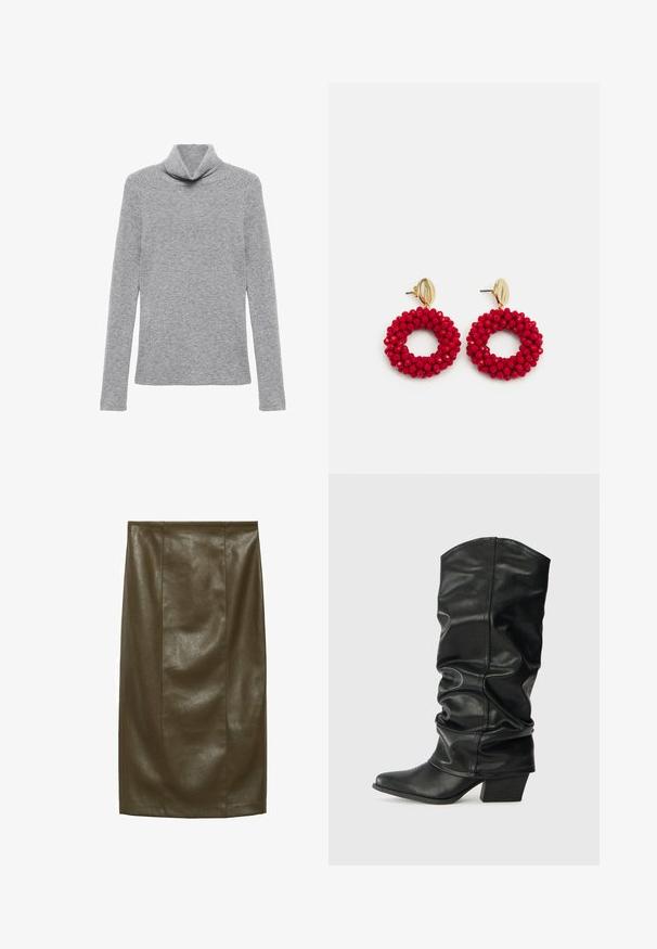 Grauer Rollkragenpullover aus geripptem Strickmaterial. Verfügt über einen umgeschlagenen Kragen und lange Ärmel, mit einer taillierten Silhouette.; Olivenfarbene Kunstleder- Bleistiftrock mit glatter Textur, knielang, mit vertikalen Nähten für einen maßgeschneiderten Look.; Schwarze Lederstiefel bis zum Knie mit einem rüschigen Design, spitzem Zehenbereich und breitem Absatz, mit glatter Texture und minimaler Naht.; Rote Perlenohrringe in Hoop-Form mit strukturierter Oberfläche und einem Postverschluss in Goldfarbe. Kreisförmiges Design mit offenem Zentrum und abgerundetem Perlendetail.