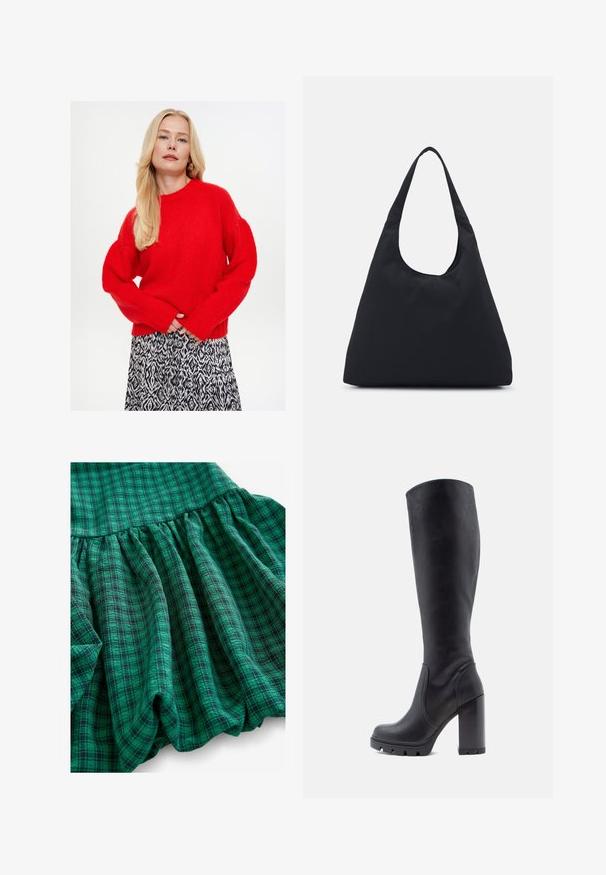 Red knitted sweater with a round neckline and puffed sleeves, paired with a black and white patterned skirt, featuring a flowing design.; Green plaid fabric features with varying shades, gathered texture, and ruffled hem. Material looks breathable and lightweight.; Black knee-high boot, smooth leather material, chunky heel, rounded toe, textured sole with grip, sleek design without embellishments.; Black fabric bag with a single, wide shoulder strap. Soft, semi-structured shape and smooth texture; minimal design, without visible hardware.