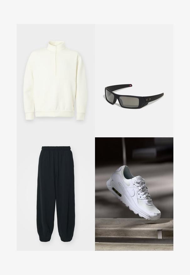Kremfarget genser med høy krage, glidelås foran og ribbestrikkede mansjetter. Jevn tekstur og avslappet passform.; Sorte, joggebukser med elastisk liv, løs passform, mansjetter på ankler, glatt tekstur og uten synlige mønstre eller hardware-detaljer.; Hvit Nike Air Max 90 sneakers med øvre del laget av mesh og skinn, perforert tåboks og en synlig luftenhet i hælen.; Sorte solbriller med mat finish, rektangulære linser, lett kurv på brillestengene, diskret logo detaljer, og røyktinted linser.
