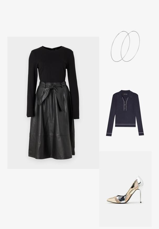 Ribbad långärmad polo i marinblått med krage, treknapplåda och vitt dekorativt stygn vid fåll och ärmslut.; Svart långärmad topp kombinerad med en svart skinnimitation kjol, med en knytning i midjan och en slät, glänsande yta.; Spetsig tå högklackad sko med en färgpalett av silver, guld och nude. Glansig yta med utskärningsdesign, utrustad med en stilettklack.; Silverfärgade hoopörhängen med en minimalistisk design. Cirkulär form, slät yta och tunn profil. Lätta med en polerad finish.