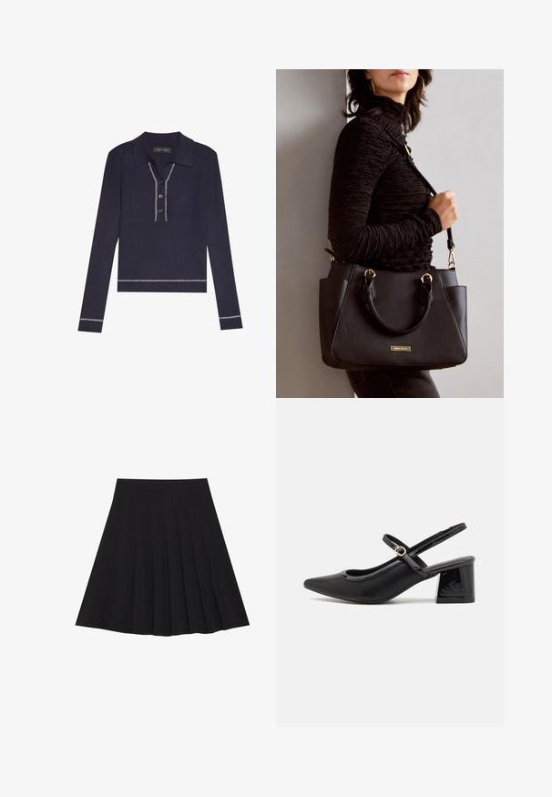 Ριχτό πουκάμισο με μακριά μανίκια σε ναυτικό μπλε, χαρακτηρισμένο από γιακά, τρεις κουμπιά και λευκή διακοσμητική ραφή στο τελείωμα και τις μανσέτες.; Μαύρη πλισέ φούστα από υφασμάτινη υφή με εφαρμοστό λαιμό. Φτάνει μέχρι το γόνατο, προσφέροντας μια ομαλή και καθαρή σιλουέτα.; Μαύρα παπούτσια γοβάκια από πατενταρισμένο δέρμα με γωνιαστό μπροστινό μέρος, στρογγυλή κοπή και τετράγωνο τακούνι. Διαθέτουν μια χρυσή αγκράφα ως διακοσμητικό στοιχείο.; Μαύρη τσάντα χειρός με υφή, διπλές λαβές στην κορυφή και ρυθμιζόμενο ιμάντα ώμου. Διαθέτει χρυσά μεταλλικά στοιχεία και πλάγιες τσέπες.