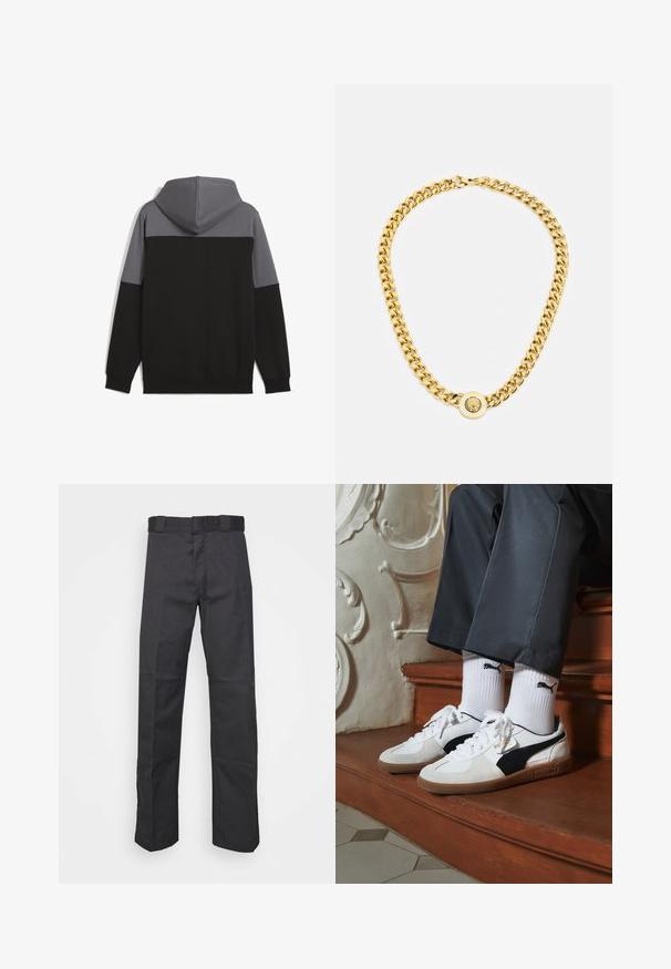Sweatshirt à capuche avec un design bicolore en gris et noir. Fabriqué en tissu doux, il dispose de manches longues et d'une poche kangourou.; Pantalons noirs en tissu durable, dotés d'une coupe droite, d'une taille avec passants de ceinture et de coutures pour une texture ajoutée.; Baskets Puma en daim blanc et noir, avec une semelle en caoutchouc marron. Associées à des chaussettes blanches arborant un logo noir, portées avec un pantalon sombre.; Collier en chaîne dorée avec de grands maillons entrelacés, présentant un détail de pendentif circulaire au centre avec un emblème en relief.