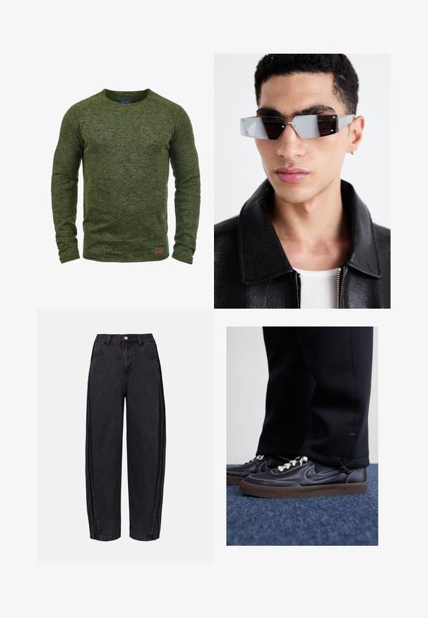 Grön tröja i strukturerad stickad tyg, med rund halsringning, långa ärmar och en liten brun logotyp-patch på den nedre framdelen.; Svarta vida jeans i denim med en slät textur. Har hög midja, framfickor och knappstängning i midjan.; Nike Sportswear KILLSHOT 2 LTR PRM OPP2 - Sneakers - black sail baroque brown mtlc dk grey; Vinklade gråtonade solglasögon med silverdetaljer, på en ljus bakgrund. Linserna har en unik geometrisk form.