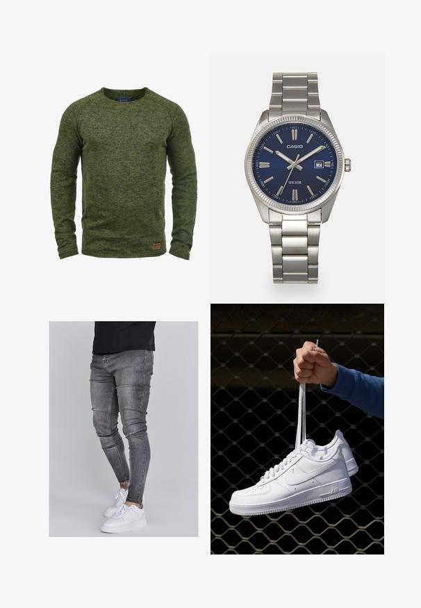 Zöld pulóver texturált kötött anyagból, kerek nyakkivágással, hosszú ujjaival és egy kis barna logópólóval az alsó elülső részén.; Fakó szürke farmerből készült skinny farmernadrág, térdén kopott részletekkel, fehér sportcipővel párosítva. Simább anyag, karcsú szabás.; Fehér bőr sportcipők perforációval, kerek orral, lapos talppal és vastag fűzőkkel, látható swoosh logóval és "AIR" felirattal a sarokrészen.; Ezüst színű rozsdamentes acél karóránk sötétkék számlapja van, fém óraszámlálókkal és egy dátumablakkal a 3 órás pozícióban. 50 méterig vízálló.