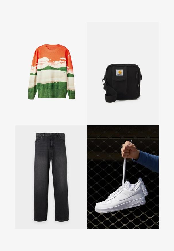 Desigual Džemperis - orange; Tamsiai pilki džinsai su tiesiomis kojomis, turintys užtrauktuko kišenę, penkias kišenes ir subtilius išblukimo akcentus audinyje.; Balti odiniai sportiniai bateliai su perforacijomis, apvalia nosimi, plokščiu padu ir storomis raištelėmis, su matomu swoosh logotipu ir "AIR" ant kulno.; Juoda petnešų rankinė su užtrauktuku pagrindiniame skyriuje, priekinė kišenė, reguliuojama juostele ir matoma logotipo etikete ant uždaromo dangtelio.