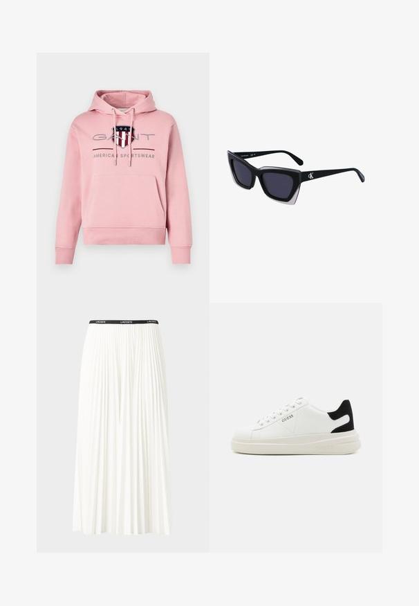GANT ARCHIVE SHIELD HOODIE - Sweatshirt - geranium pink; Pleated white skirt with a black elastic waistband featuring the "LACOSTE" logo. Mid-length design with soft texture.; White leather sneakers with a thick white sole, black suede heel accent, and embossed logo on the side. Laced design with six eyelets.; Black oversized sunglasses with a geometric shape, featuring dark lenses and a contrasting grey detail on the frame. Logo on the arm.