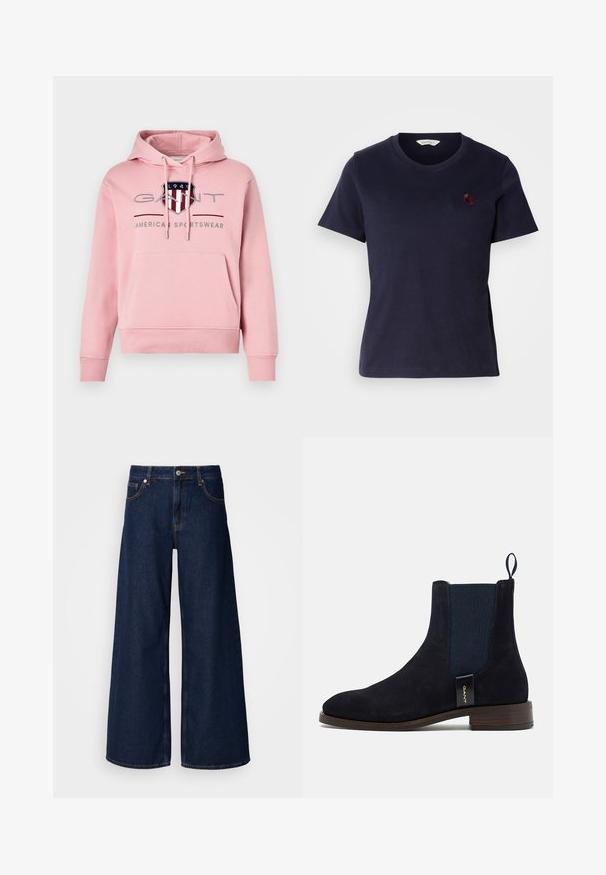 GANT ARCHIVE SHIELD HOODIE - Sweatshirt - geranium pink; Navy blue cotton t-shirt with a v-neck design, short sleeves, and a small burgundy embroidered logo on the chest. Soft texture.; Wide-leg dark blue denim jeans with a high waist, front pockets, and a button closure. Features contrast stitching and a smooth texture.; Black suede Chelsea boots with elastic side panels, a rounded toe, and a low stacked heel, shown alongside wide denim trousers.