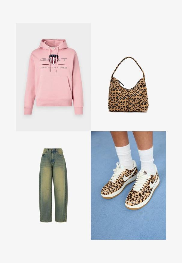 GANT ARCHIVE SHIELD HOODIE - Sweatshirt - geranium pink; Weite Jeans aus Denim in Hellblau mit ausgewaschener Textur. Fünf Taschen und hohe Taille. Sauberer Saum und dezente Nähdetails.; Nike Air Force 1 Sneakers im Leopardenmuster mit weißen Schnürsenkeln und Swoosh, ausgestattet mit einer beige Gummisohle und einer strukturierten Oberseite. Weiße Crew-Socken sichtbar.; Tasche mit Leopardenmuster und abgerundetem Griff, aus weichem Stoff gefertigt, mit einem Reißverschlussverschluss oben und schwarzen Akzenten an den Kanten.