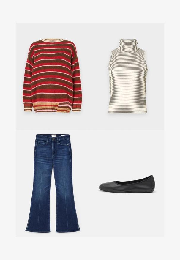 Neulepaita, jossa on vaakasuorat raidat punaisessa, vaaleanpunaisessa, ruskeassa ja kermassa. Pyöreä kaula-aukko ribbireunalla ja löysä istuvuus.; Hihaton poolopaita, jossa on pystysuorat mustat ja valkoiset raidat, valmistettu teksturoidusta neulekankaasta, ja siinä on korkea, tiukka kaulus.; Tummansiniset leveälahkeiset farkut, jotka on valmistettu denimmateriaalista. Ominaisuuksiin kuuluu korkea vyötärö, etupocketit ja halkiokohdat helman kohdalla. Klassinen viiden taskun muotoilu.; Musta nahkainen ballerina, jossa on pyöristetty kärki, sileä pinta, minimaalinen ommelkoristelu ja joustava pohjamuotoilu.