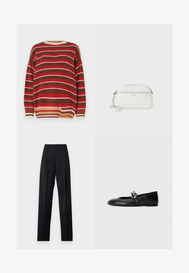 Stickad tröja med horisontella ränder i röd, rosa, brun och krämfärgad. Rundad halsringning med ribbat fodral och en lös passform.; Svarta byxor i mjukt tyg med hög midja, vida ben, framfickor och klassiska bältesöglor. Inga sidofickor synliga.; Svarta läderballetskor med spetsig tå, med en rem som har en rund metallspänne och en platt sula.; Vitt lädercrossbodyväska, rektangulär form, slät textur, dragkedjestängning, justerbar rem, minimalistisk design med präglad logotyp.