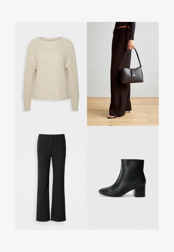 Gaiši rozā adīts džemperis ar apaļu dekoltēju, raglāna piedurknēm un ribotām aprocēm. Tekstūra ir mīksta ar brīvu piegriezumu un minimālu apdari.; Melni kokvilnas auduma bikses ar taisnu kāju dizainu, priekšējo pogu aizdari un divām sānu kabatām. Gluda tekstūra, bez redzamām rakstu zīmēm.; Melna ādas potīšu zābaki ar smailu purngalu un masīlu papēdi. Gluda tekstūra ar minimāliem akcentiem un gludu, pieguļošu dizainu.; Melnā somiņa ar strukturētu formu, gludu tekstūru un metālu sprādzi. Saskaņota ar platām melnām biksēm un sandālēm ar atvērtu purngalu uz koka grīdas.