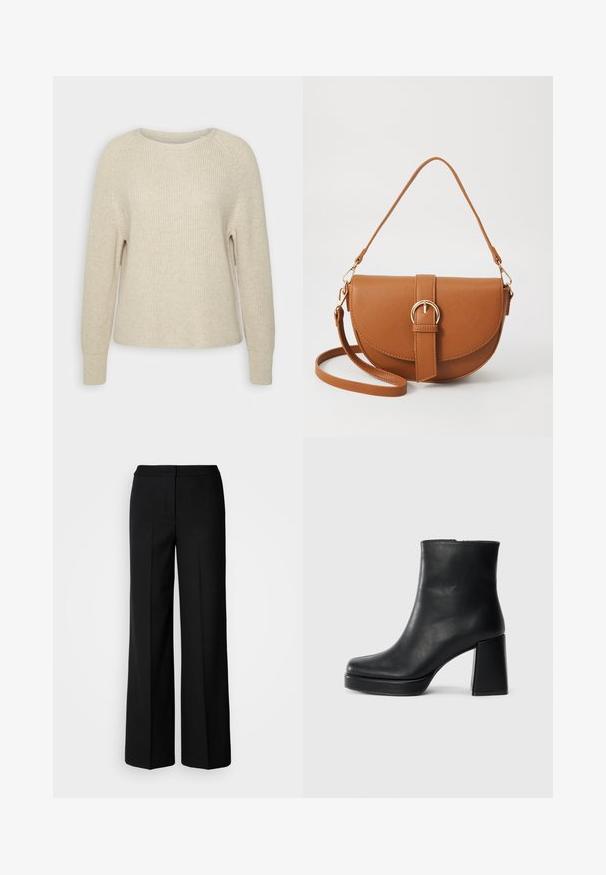 Lyserød strikkegenser med rund halsudskæring, raglanærmer og ribbede manchetter. Teksturen er blød med en afslappet pasform og minimal dekoration.; Svarte vide bukser med et glatt stoff, med høy livvidde, skreddersydde sømmer og et minimalistisk design. Ingen synlig maskinvare eller lommer.; Sorte skinnankelsko med blokkhæl og plattformsåle, sett fra siden på en enkel hvit bakgrunn.; Brun lærcrossbody-veske med en buet form, gullhardware og et spenneakcent. Har en avtakbar skulderreim.