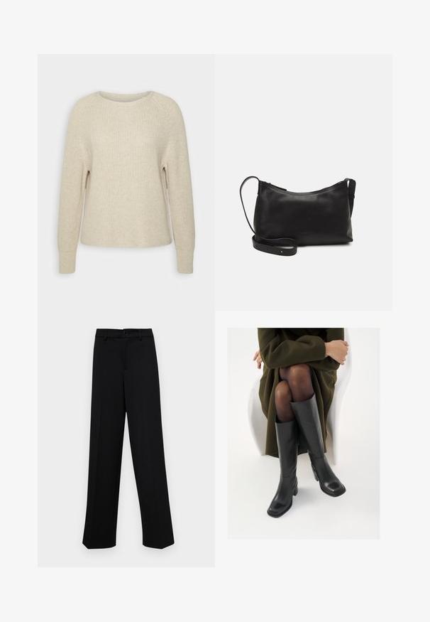 Hellrosa Strickpullover mit rundem Ausschnitt, Raglanärmeln und gerippten Bündchen. Die Textur ist weich, der Schnitt locker und die Details sind minimal.; Schwarze, weit geschnittene Hosen aus glattem Stoff, mit einem klassischen Taillenbund und einem Knopfverschluss sowie vorderen Falten.; Knöchelhöhe schwarze Lederstiefel mit quadrater Spitze und Blockabsatz, gezeigt mit einem Modell, das einen olivgrünen Mantel trägt. Glatte Textur, minimale Details.; Schwarze Ledertasche für die Schulter mit glatter Textur, geschwungener Form, verstellbarem Tragegurt und Reißverschluss. Minimalistisches Design ohne Verzierungen.