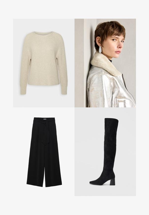 Svetlo roza pleteni pulover z okroglim izrezom, raglan rokavi in rebrasti manšeti. Tekstura je mehka z ohlapnim krojem in minimalnimi detajli.; Črne široke hlače iz teksturirane tkanine, z elastičnim pasom in odstranljivim trakom na pasu za prilagodljivo prileganje.; Črne semiš škornje do kolen z blok peto, s koničastim nosom in gladkim, brezšivnim dizajnom na enostavni svetli podlagi.; Srebrna metalik usnjena jakna s ovratnikom iz jagnječje kože, z zadrgo in strukturirano površino. Velike kapljaste uhane s prozornimi dragimi kamni.
