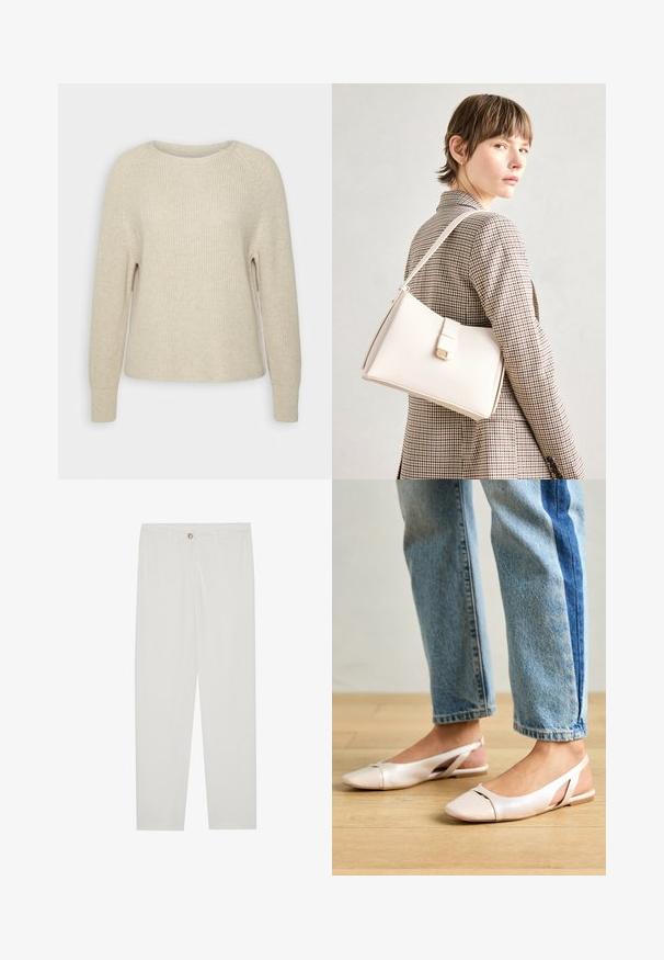 Light pink knit sweater with a round neckline, raglan sleeves, and ribbed cuffs. The texture is soft with a relaxed fit and minimal detailing.; White, tailored trousers with a straight leg design, featuring a button closure, belt loops, and side pockets; smooth fabric texture.; Pale pink slingback flats with a pointed toe, made from a smooth leather-like material. Features cut-out details at the sides and a flat heel.; White leather handbag with a structured design, featuring a magnetic clasp and a shoulder strap, showcased against a neutral background.