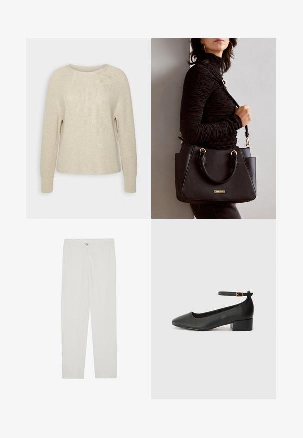 Lyserød strikkegenser med rund halsudskæring, raglanærmer og ribbede manchetter. Teksturen er blød med en afslappet pasform og minimal dekoration.; Hvite, skreddersydde bukser med rette ben, med knapplukking, beltehemper og sidelommer; glatt tekstur.; Sorte skinnpumper med spiss tå og lav blokkhelt. Har ankelrem med gullfarget spenne. Glatt tekstur.; Svart håndveske med teksturert overflate, doble topphåndtak og justerbar skulderrem. Har detaljer i gulltone og sidelommer.