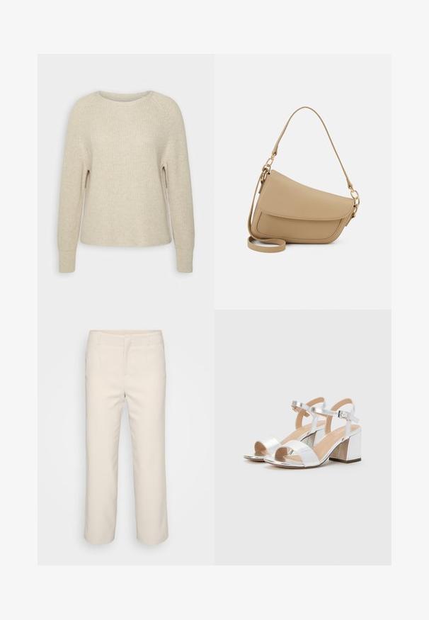 Light pink knit sweater with a round neckline, raglan sleeves, and ribbed cuffs. The texture is soft with a relaxed fit and minimal detailing.; Beige, tailored trousers with a straight leg design, a flat front, and two side pockets. Made from a smooth fabric with a clean finish.; Silver high-heeled sandals with open toes, featuring two wide straps and a rounded block heel. Smooth texture with metallic finish.; Even&Odd Handbag - beige