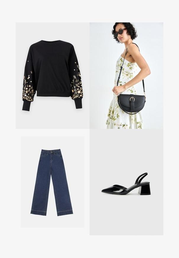 Fekete pulóver hosszú puffos ujjal, arany színű virágmintával hímzéssel. Ráncos mandzsetták és szegély. Puha anyag, laza fazonnal.; Sötétkék denim széles lábú farmernadrág. Öt zsebbel, övhurkokkal és nyers szegéllyel az alján, amelyen látható varrási részletek találhatók.; Fekete lakk bőr szandálkés magas sarkú cipő, hegyes orral és geometrikus tömbsarkakkal. Karcsú, minimalista dizájn és sima textúra jellemzi.; Fekete bőrtáska ívelt formával, levehető pánttal és arany színű fémrészekkel. A táskán egy csattal díszített fedél található.