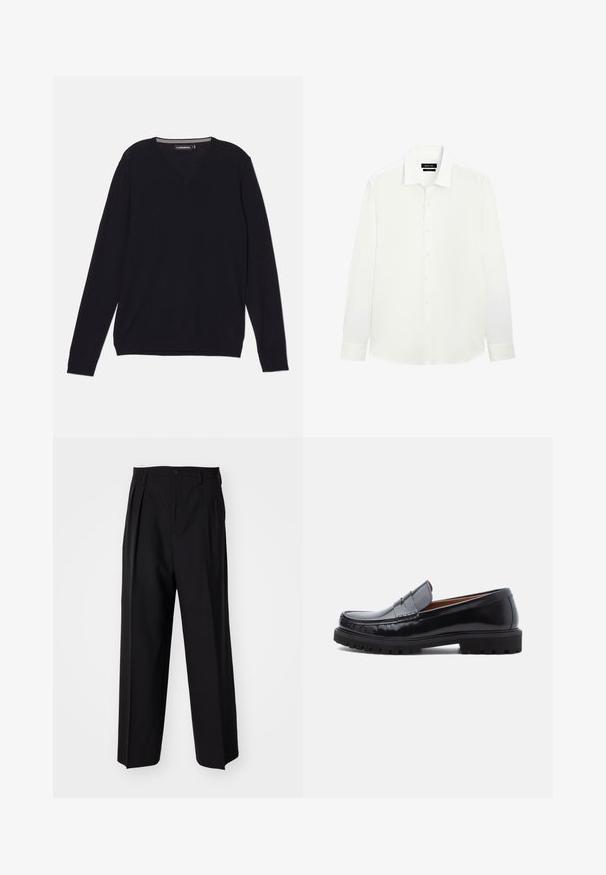 Svart långärmad V-ringad tröja i ett mjukt, lätt tyg. Inkluderar ribbade ärmslut och nederkant för en figurnära passform.; Vit långärmad skjorta med klassisk krage, knappslå och åtsittande manschetter. Slät tyg med en subtil glans. Lappen synlig vid halsringningen.; Svarta plisserade byxor med en rak, bred bendesign. Tillverkade av ett slätt tyg, med knäppning fram och bälteshällor.; Svart läder penny loafer med kraftig gummisula och moc toe-sömnad, visad i profil på en vit bakgrund.