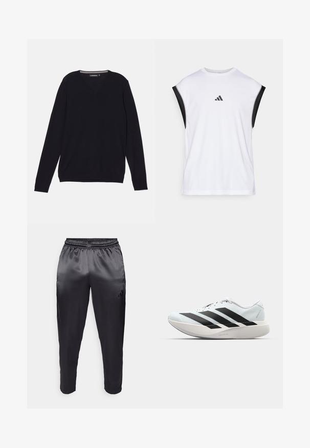 Svart langermet V-hals genser laget av et glatt, lett stoff. Har ribbede mansjetter og kant for en tettsittende utseende.; Hvit atletisk tanktopp med svarte skulderdetaljer. Har rund hals og en liten svart logo foran. Glatt stoffstruktur.; Svarte treningsbukser laget av glatt, lett stoff med elastisk midjebånd. Har en liten logo på venstre side og avsmalnende ben.; Lette løpesko i lys blå med svarte striper. Har en myk overdel, rund tå og tykk hvit mellomsole merket "LIGHTSTRIKE PRO."