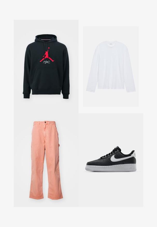 Melna kokvilnas kapuce ar priekšējo kabatu. Pieder sarkans Jumpman logo un baltais teksts "Flight" zem tā. Velkams stils ar aukliņu kapuci.; Balts garām piedurknēm T-krekls, izgatavots no kokvilnas. Tam ir klasiskā apaļā kakla izgriezums un pazeminātas plecu šuves, ar gludu, vienkāršu tekstūru.; Persiku krāsas cargo bikses, izgatavotas no kokvilnas. Iespējo pogu aizdare, plata kāju forma un sānu kabatas praktiskai lietošanai. Gluda tekstūra, ikdienišķs dizains.; Melna ādas sporta apavi ar teksturētu virsmu, balta Nike swoosh zīme, pelēks zole, apaļa pirksta daļa un saistējs dizains. Iekļautas perforācijas uz pirksta kastes.