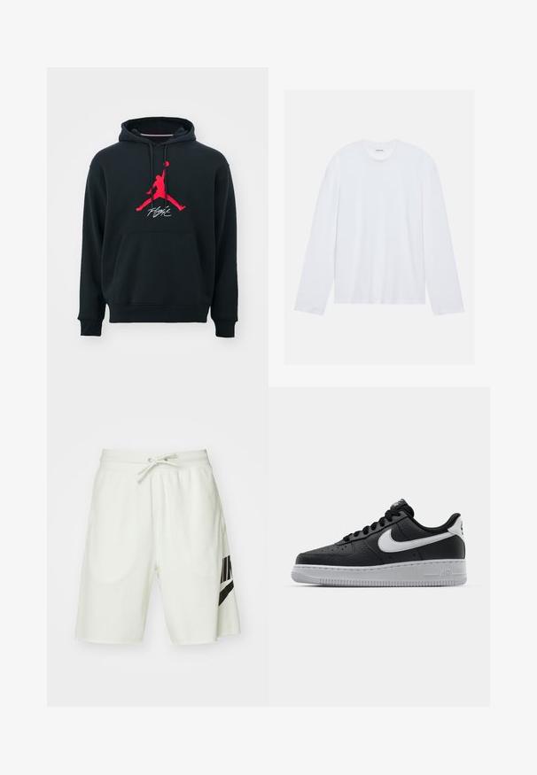 Schwarzer Hoodie aus Baumwolle mit einer Vordertasche. Mit einem roten Jumpman-Logo und dem weißen Text "Flight" darunter. Pullover-Stil mit einer Kapuze mit Kordelzug.; Weißes Langarm-T-Shirt aus Baumwolle. Es hat einen klassischen Rundhalsausschnitt und abfallende Schulternähte, mit einer glatten, einfarbigen Textur.; Helle graue Baumwollshorts mit einem elastischen Bund, verstellbarem Kordelzug und einem schwarzen Nike-Logo auf der linken Seite.; Schwarze Ledersneaker mit strukturierten Oberflächen, weißem Nike-Swoosh, grauer Sohle, runder Zehenpartie und Schnürdesign. Verfügt über Perforationen an der Zehenbox.