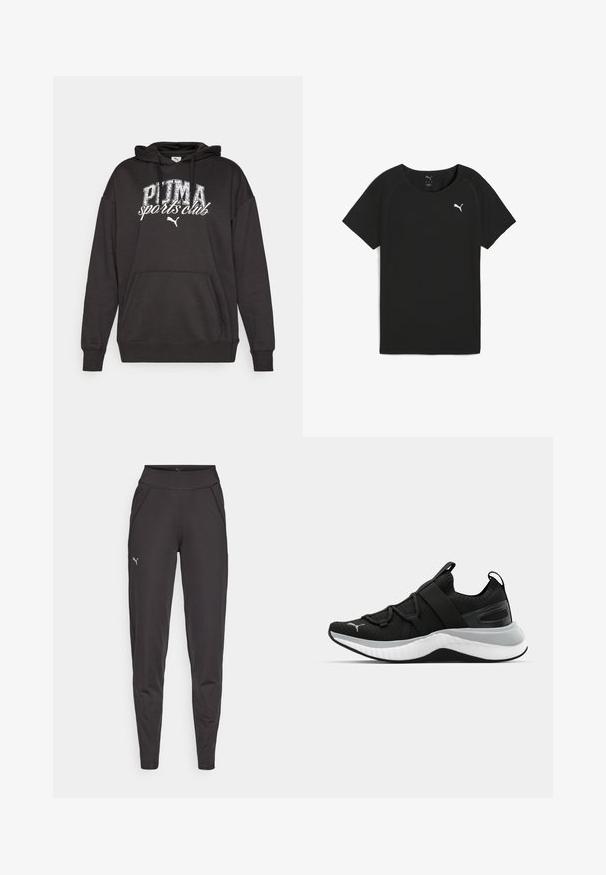 Felpa nera con cappuccio e tasca a marsupio, presenta una grafica e un logo bianco "PUMA sports club". Realizzata in morbido tessuto per felpe con un fit rilassato.; T-shirt nera a maniche corte realizzata in tessuto leggero, con scollo rotondo e logo Puma bianco sul petto.; Leggings sportivi neri in tessuto elasticizzato, con vita alta, tasche laterali e un piccolo logo riflettente sulla coscia sinistra.; Scarpa sportiva nera con tomaia testurizzata, cinghie elastiche e una spessa suola intermedia bianca. Presenta un accento grigio lungo la suola.