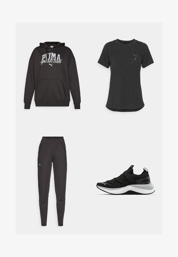 Black hoodie with a kangaroo pocket, featuring a white "PUMA sports club" graphic and logo. Made from soft sweatshirt fabric with a relaxed fit.; Black short-sleeve performance t-shirt made of soft, breathable fabric. Features a rounded hem and subtle logo on the upper left chest.; Black athletic leggings made of stretchy fabric, featuring a high waistband, side pockets, and a small reflective logo on the left thigh.; Black athletic shoe with a textured upper, elastic straps, and a thick white midsole. Features a grey accent along the sole.