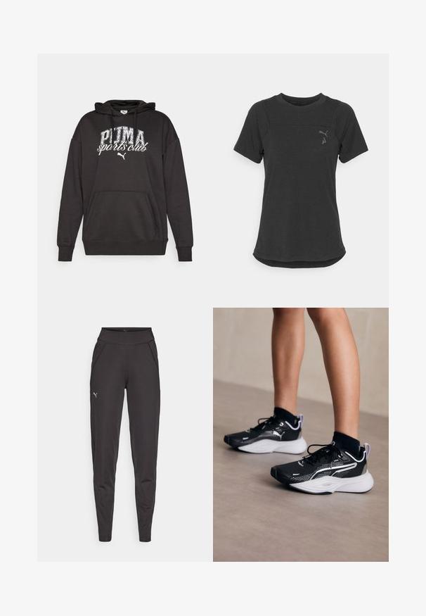 Čierna mikina s kapucňou so vačkom na klobúku, s bielou grafikou a logom "PUMA sports club". Vyrobená z mäkkej látky mikiny s uvoľneným strihom.; Čierne tričko s krátkym rukávom vyrobené z mäkkého, priedušného materiálu. Má zaoblený lem a diskrétne logo v hornej ľavej časti hrudníka.; Čierne športové legíny vyrobené z elastického materiálu, s vysokým pásom, bočnými vreckami a malým reflexným logom na ľavom stehne.; Čierne atletické topánky s bielymi akcentmi, vrchná časť z prepletanej textílie, šnúrky a polstrovaná päta. Obsahujú štruktúrovanú podrážku pre lepšiu priľnavosť.
