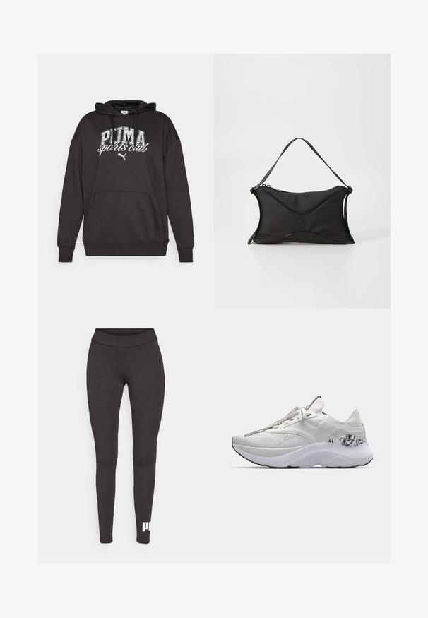 Zwarte hoodie met een kangoeroezak, voorzien van een witte graphic en logo van "PUMA sports club". Gemaakt van zachte sweatstof met een relaxte pasvorm.; Zwarte leggings van rekbaar materiaal, met een hoge tailleband en een wit logo dat op het onderste deel van het linkerbeen is gedrukt. Glad materiaal.; Witte sportieve schoen met een gestepte bovenkant, afgeronde neus en een gevoerde zool. Bevat een gestructureerde accent bij de hak en platte veters.; Zwarte handtas van een zacht, textuur materiaal. Heeft een golvend ontwerp, een enkele schouderband en een subtiel logo-detail op de voorkant.