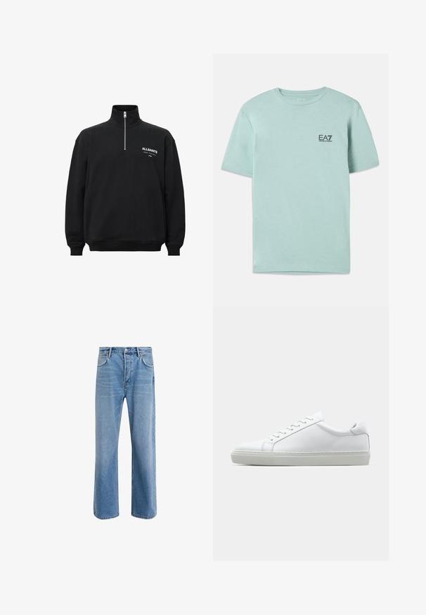 Felpa nera con colletto alto e zip a metà, con testo stampato bianco sul lato sinistro del petto. Realizzata in cotone, con una consistenza morbida.; T-shirt verde menta chiaro realizzata in cotone, con maniche corte e collo rotondo, dotata di un piccolo logo EA7 nero sul petto.; Jeans in denim blu chiaro con design a gamba dritta, cinque tasche, chiusura con bottone, leggero sbiadimento e dettagli di cucitura a contrasto.; Sneaker bianco con tomaia in pelle liscia e profilo basso. Presenta una punta arrotondata, sei occhielli e una suola in gomma testurizzata.