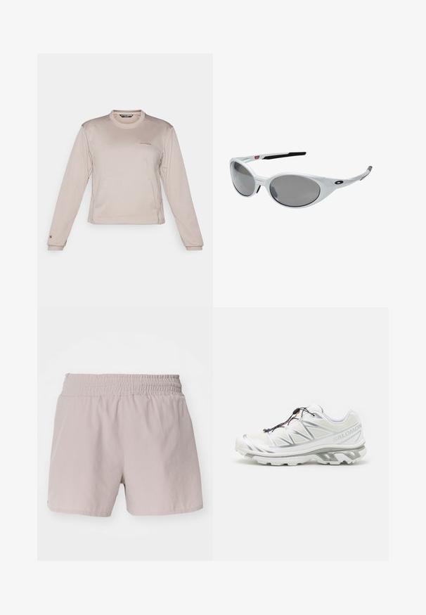 Long-sleeve, light beige sports shirt made of textured, breathable fabric with a round neck and subtle logo on the chest.; Light beige shorts with an elastic waistband, smooth texture, and simple design. Features no visible fastenings or patterns.; White athletic shoe with a textured upper, reflective accents, and a grey sole. Features accentuated triangular patterns and a quick-lace system.; White plastic sunglasses with large oval lenses, gray tinted. Features black ear grips and a small logo on the frame. Smooth finish.; Salomon ACTIVE SKIN 12 SET UNISEX - Hydration rucksack - black