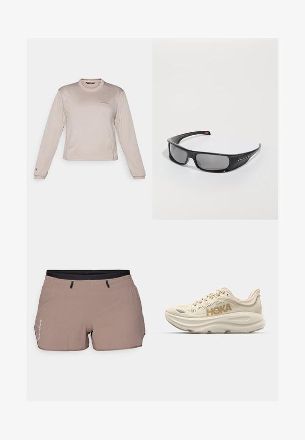 Hosszú ujjú, világos bézs sporting, texturált, légies anyagból készült, kerek nyakkal és diszkrét logóval a mellkason.; Beige rövidnadrág, könnyű anyagból készült, texturált mintázattal, rugalmas derékpánt fekete részletekkel és két oldalsó zsebbel.; Világos bézs futócipő, hálós felsőrésszel, párnázott nyakkal, kiemelkedő arany "HOKA" logóval és vastag, párnázott talppal a kényelem érdekében.; Fekete Oakley wraparound napszemüveg sötét téglalap alakú lencsékkel és ívelt szárakkal, tiszta fehér háttér előtt.