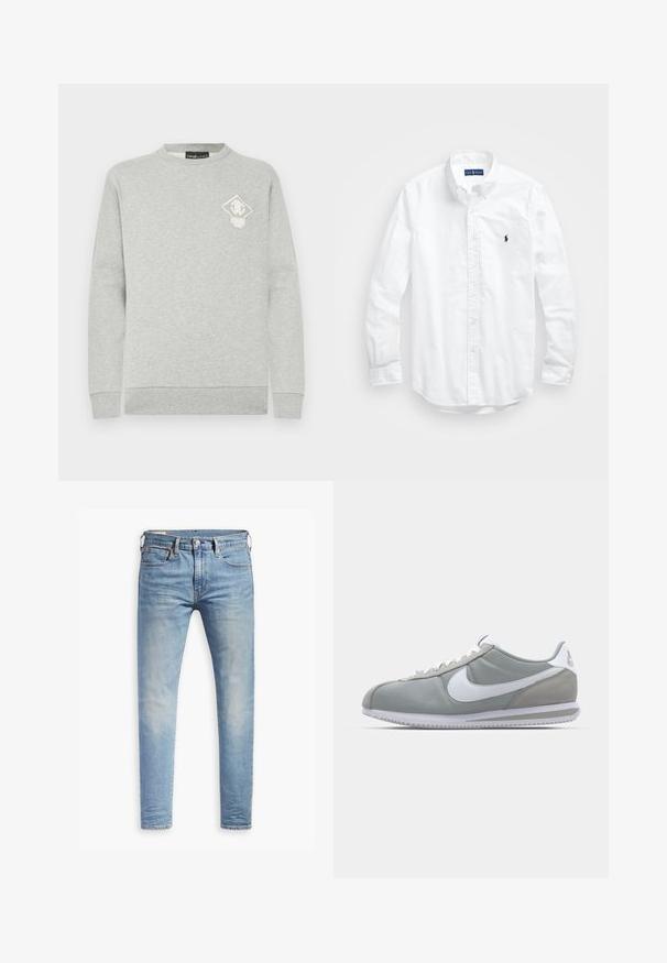Sivá mikina s dlhými rukávmi, okrúhlym výstrihom a rebrovanými manžetami. Na hrudi má malý biely a zlatý diamantový logotyp. Mäkký materiál.; Biele dlhé rukávy košele so zapínaním na gombíky z bavlny. Má klasický golier, gombíkové manžety a malú tmavomodrú vyšitú logo na hrudi.; Svetlo modré úzke džínsy s miernym prehrdzavením na stehnách, predným gombíkovým zapínaním, pútkami na opasok a štýlom s piatimi vreckami na bielom pozadí.; Sivé športové tenisky s vrchom z semišu a textilu, bielym logom Nike a bielymi šnúrkami. Majú štruktúrovanú gumenú podrážku a polstrovaný golier.