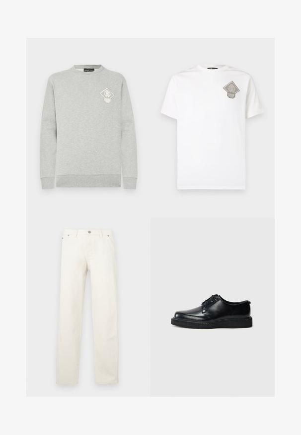 Pilkas džemperis su ilgomis rankovėmis, apvalia kaklo iškirpte ir ribbed rankogaliais. Krūtinėje mažas baltos ir auksinės spalvos deimanto logotipas. Minkšta tekstūra.; Balta medvilninė marškinėliai su pilku deimanto formos logotipu kairėje krūtinės pusėje. Trumpomis rankovėmis, apvalia iškirpte ir standartinio dydžio.; Balti tiesaus fasono džinsai iš džinso audinio, turintys sagų užsegimą, diržo kilpas ir penkias kišenes. Audinys yra lygios tekstūros.; Juodi odiniai bateliai su raišteliais, apvaliais galiukais, lygiu paviršiumi ir juodu guminio pado tekstūra. Minimalistinis dizainas be matomų raštų.