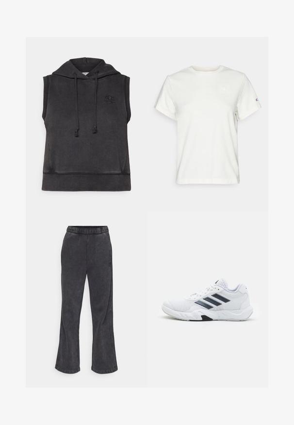 Črna brezrokavnica iz mehkega materiala, z kapuco na vrvico, ribanim robom in majhnim vezenim logotipom na prsih.; Bela kratka bombažna majica s kratkimi rokavi in krožnim izrezom ter majhnim logotipom na zgornjem levem prsnem delu. Mehka tekstura in standardna prileganja.; Razširjene trenirke iz temno sive tkanine z mehakim videzom. Imajo elastičen pas in vezeno logo na strani.; Bela atletska čevlja z mrežastim zgornjim delom, tremi črnimi črtami na strani, teksturiranimi dodatki in trdim gumijastim podplatom z kontrastnim črnim delom.