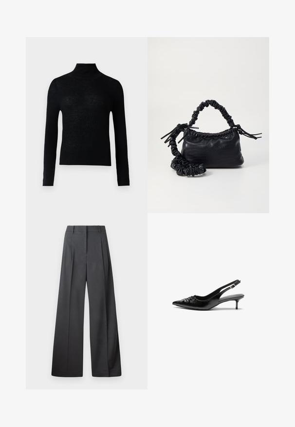 Black ribbed turtleneck sweater with long sleeves and a fitted design. Made of knit fabric, texture appears slightly sheer.; Wide-leg trousers in dark gray fabric, featuring a high waist, single pleats, and a smooth texture with a clean finish at the hems.; Black leather slingback heels with a pointed toe, small kitten heel, and a decorative knot detail on the front. Smooth texture throughout.; Black faux leather handbag with a crocodile texture, cinched top, and a scrunched strap. Appears soft and compact in design.