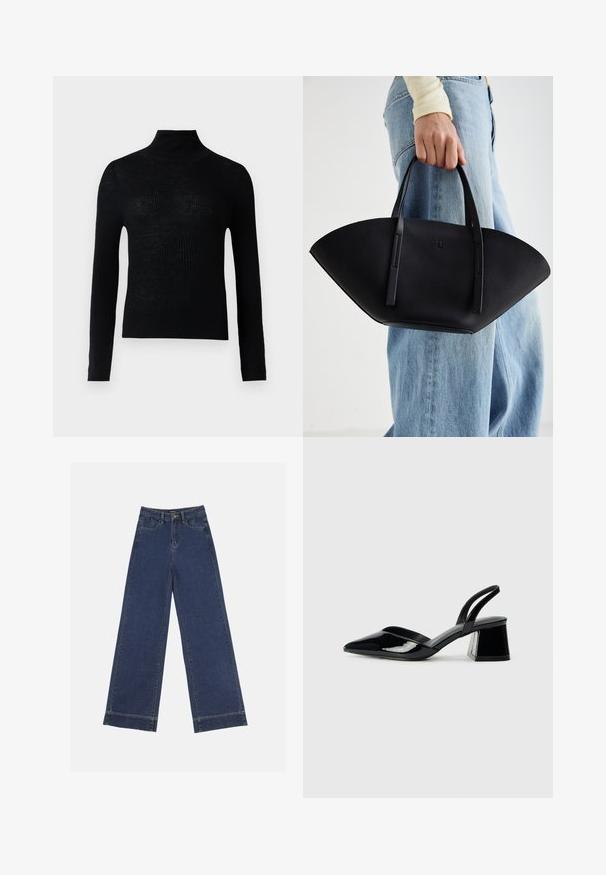 Black ribbed turtleneck sweater with long sleeves and a fitted design. Made of knit fabric, texture appears slightly sheer.; Wide-leg jeans in dark blue denim. Features five pockets, belt loops, and a raw hem at the bottom with visible stitching details.; Black patent leather slingback heels with a pointed toe and a geometric block heel. Features a sleek, minimal design and smooth texture.; Black leather handbag with a unique fan shape, featuring flat handles. The surface has a pebbled texture and a minimalistic design.
